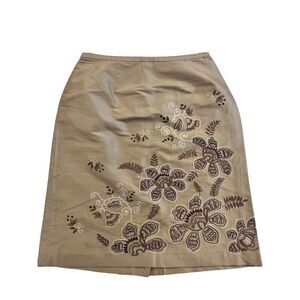 Ann Taylor 100% Silk Skirt SZ 2 Petite Knee Length Lined Pencil Embroidered Gold